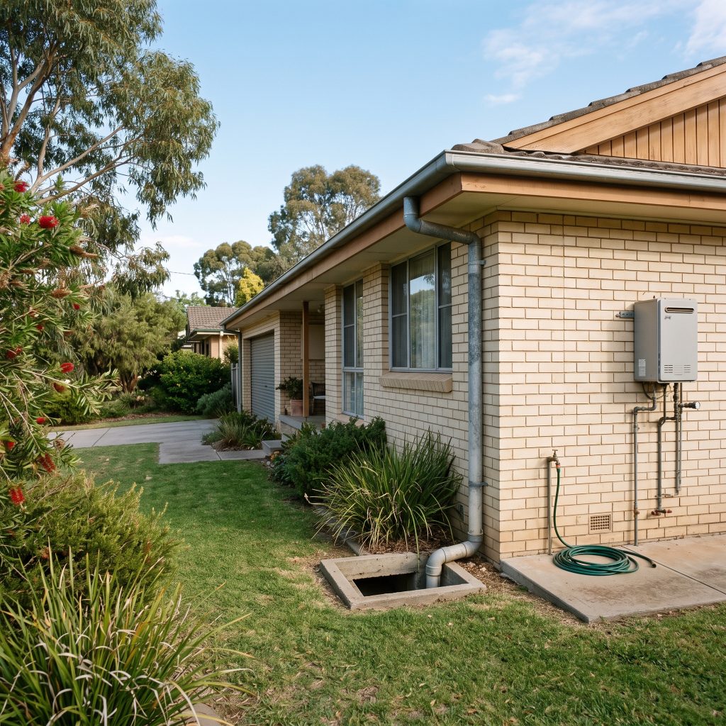 Side of a brick home with a hot water unit and drainage pit