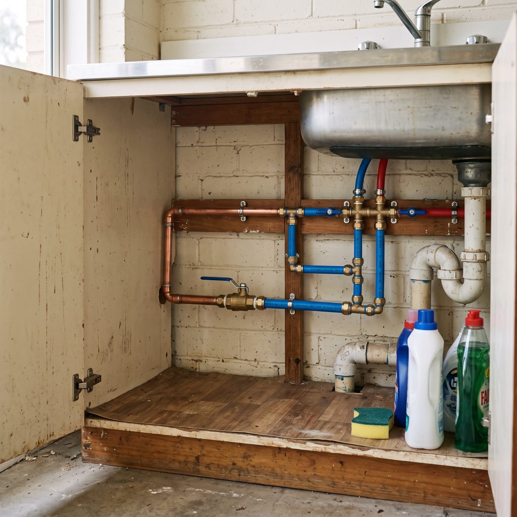 New copper and blue water pipes under a kitchen sink
