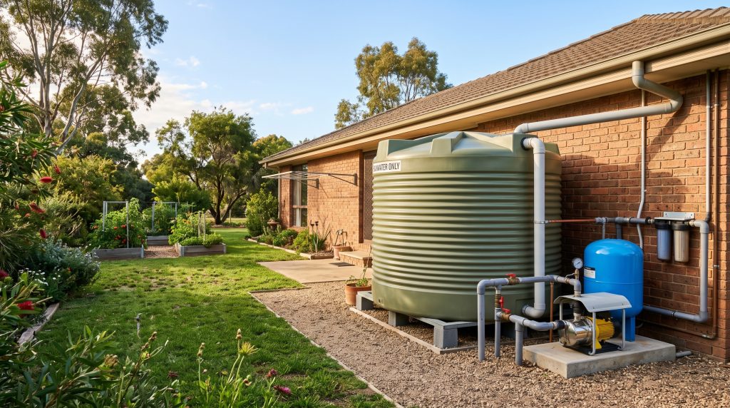 Rainwater tank and pump installed beside a brick home
