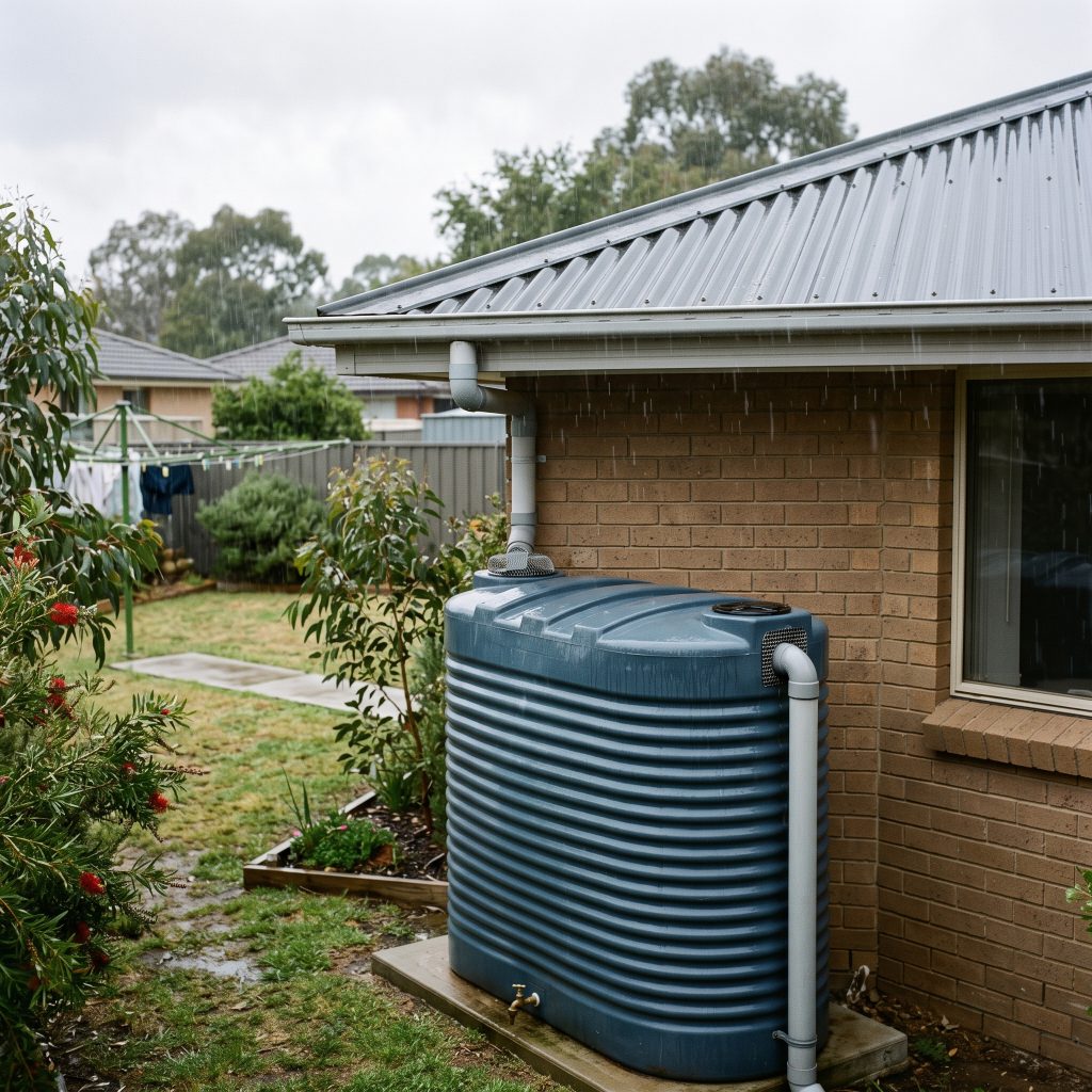 Round rainwater tank connected to the downpipe of a brick home