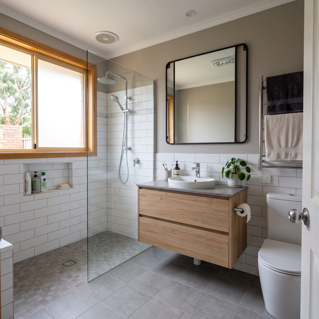 Renovated bathroom with timber vanity, walk-in shower and tiled walls