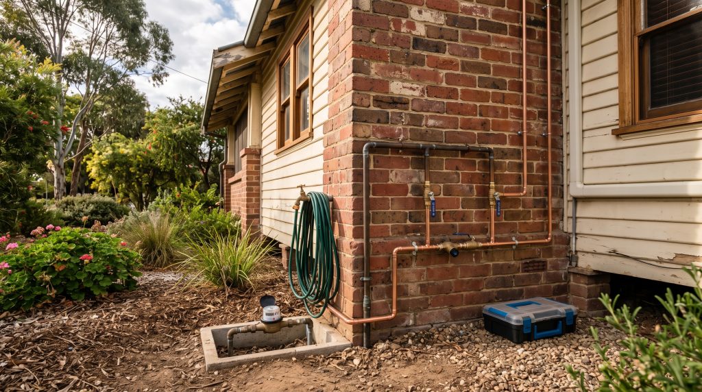 Outdoor copper pipework and tap on a brick wall