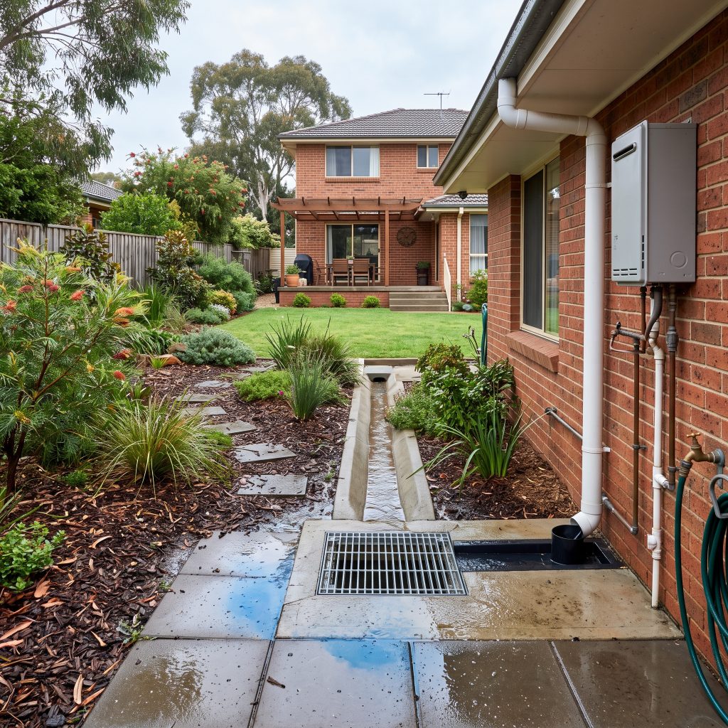 Side path of a brick home with a strip drain and downpipe