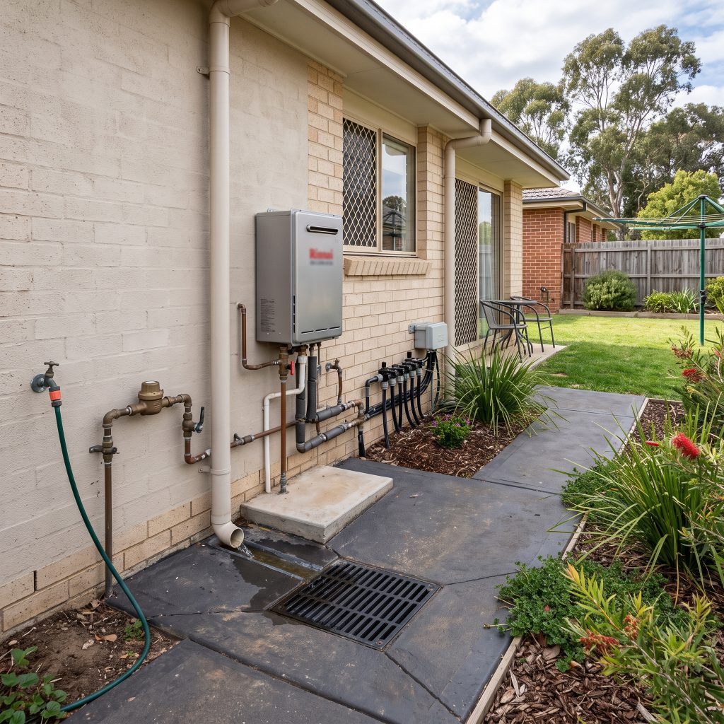 Gas hot water unit and pipework on the side of a brick home