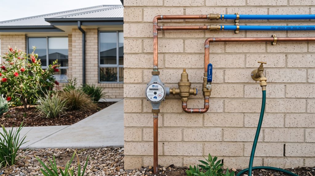 Water meter and pipework on a rendered wall