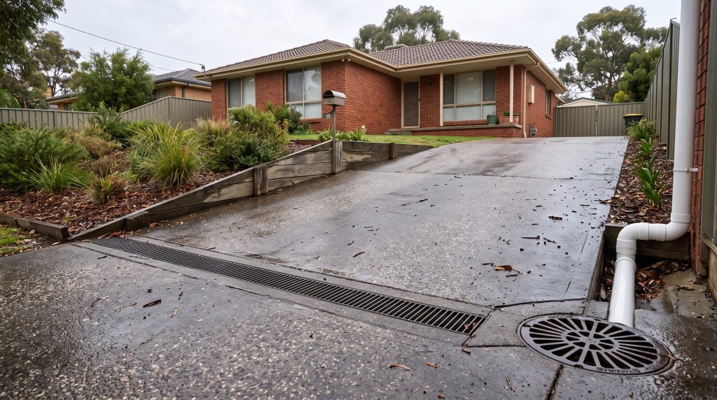 Driveway with a grated strip drain and downpipe beside a brick home