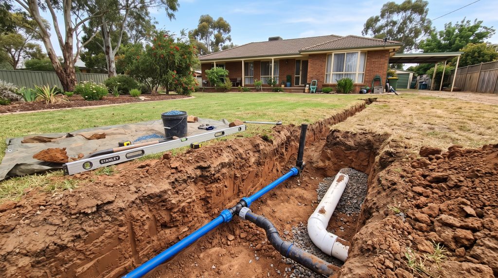 Backyard trench with new blue water pipe being laid