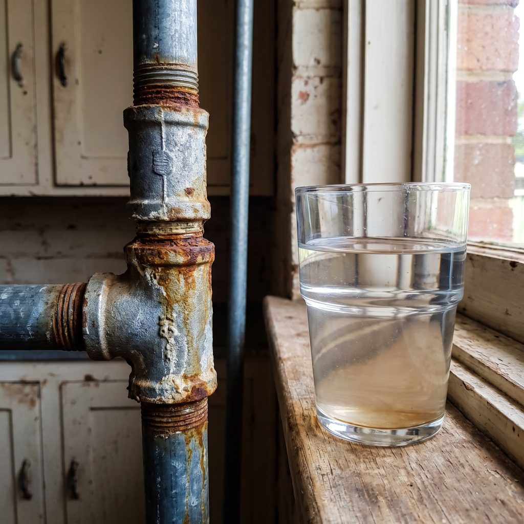 Corroded galvanised pipe beside a glass of discoloured water