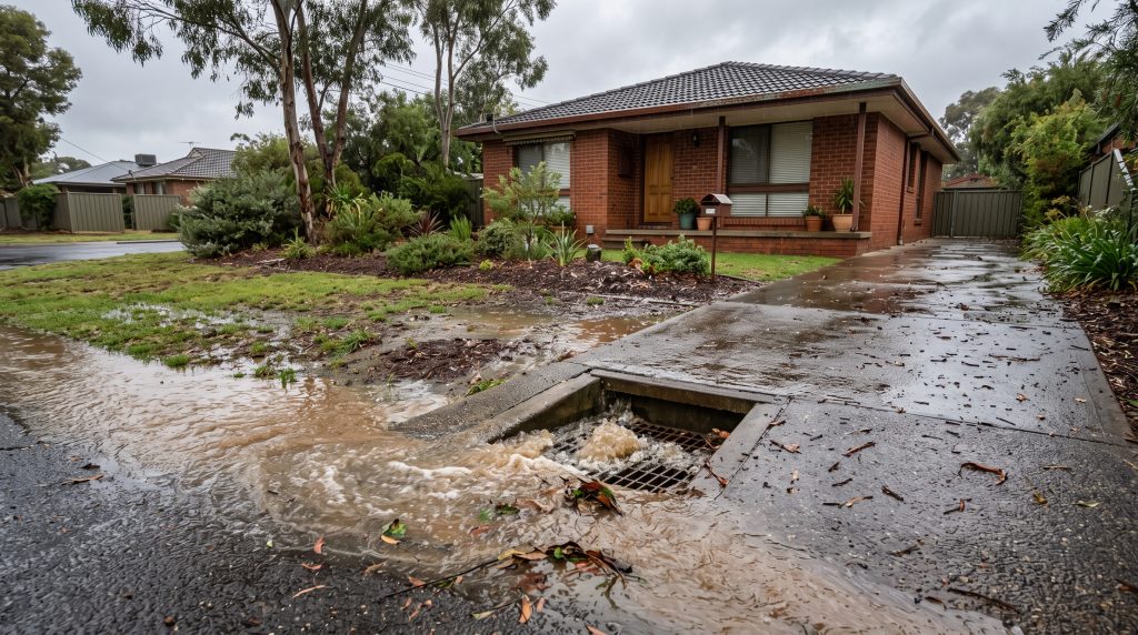 Stormwater drain overflowing onto the street outside a brick home