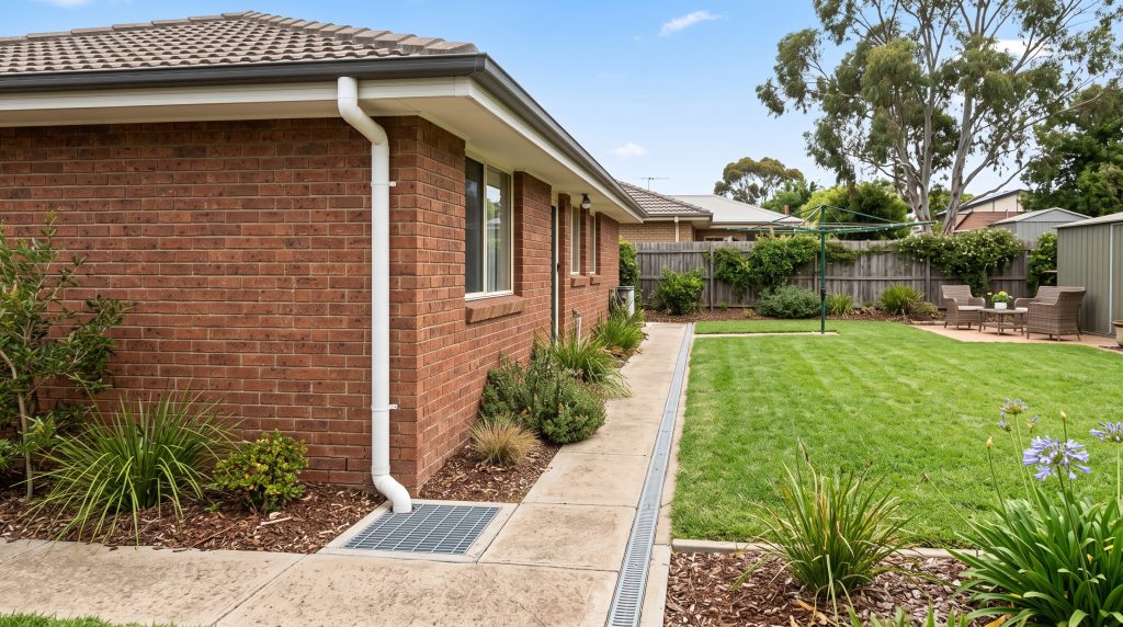Side of a brick home with a strip drain along the path and lawn