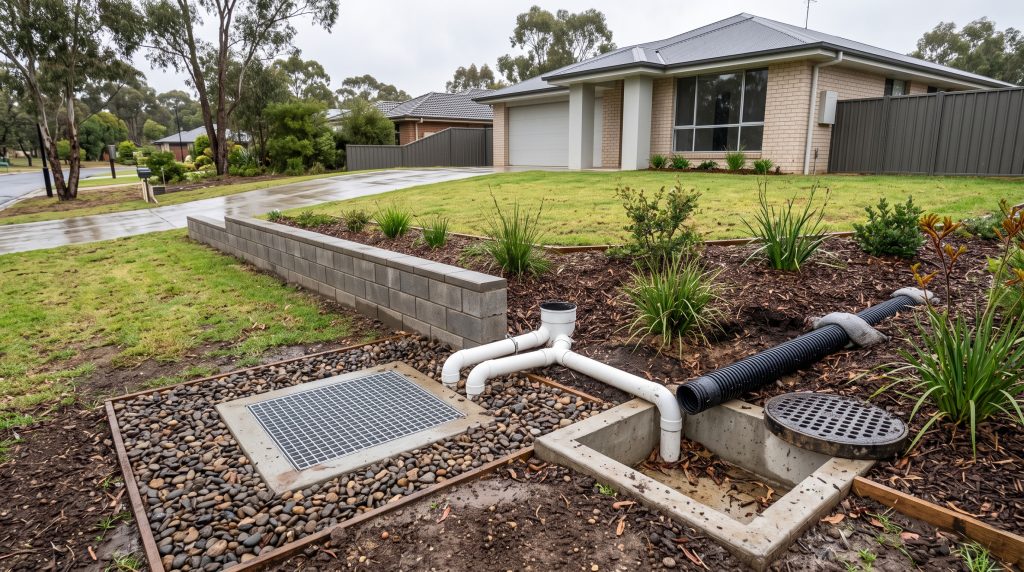 Stormwater pipes and pit being installed in a front garden