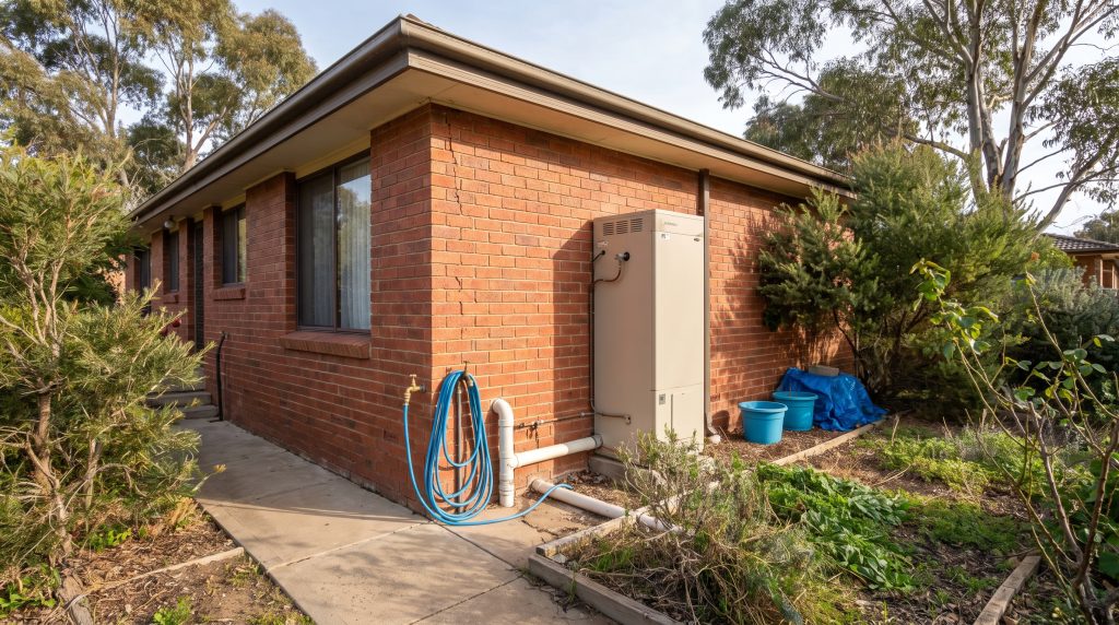 Side of a brick home with a hot water unit and plumbing tools on the path