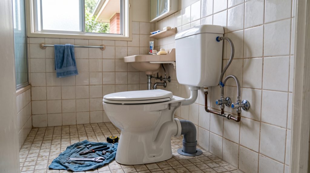 Toilet with exposed cistern pipework in a tiled bathroom