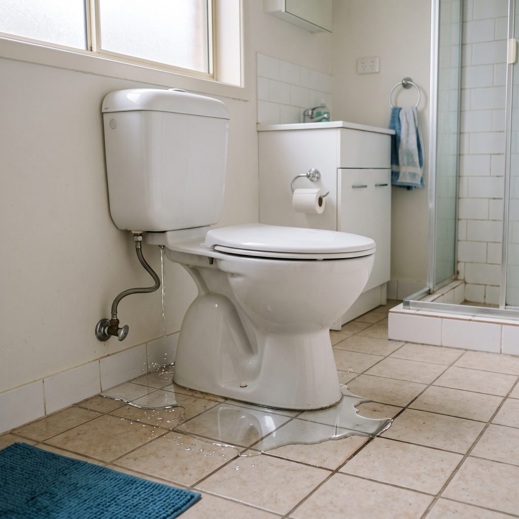 Toilet leaking water onto the bathroom floor