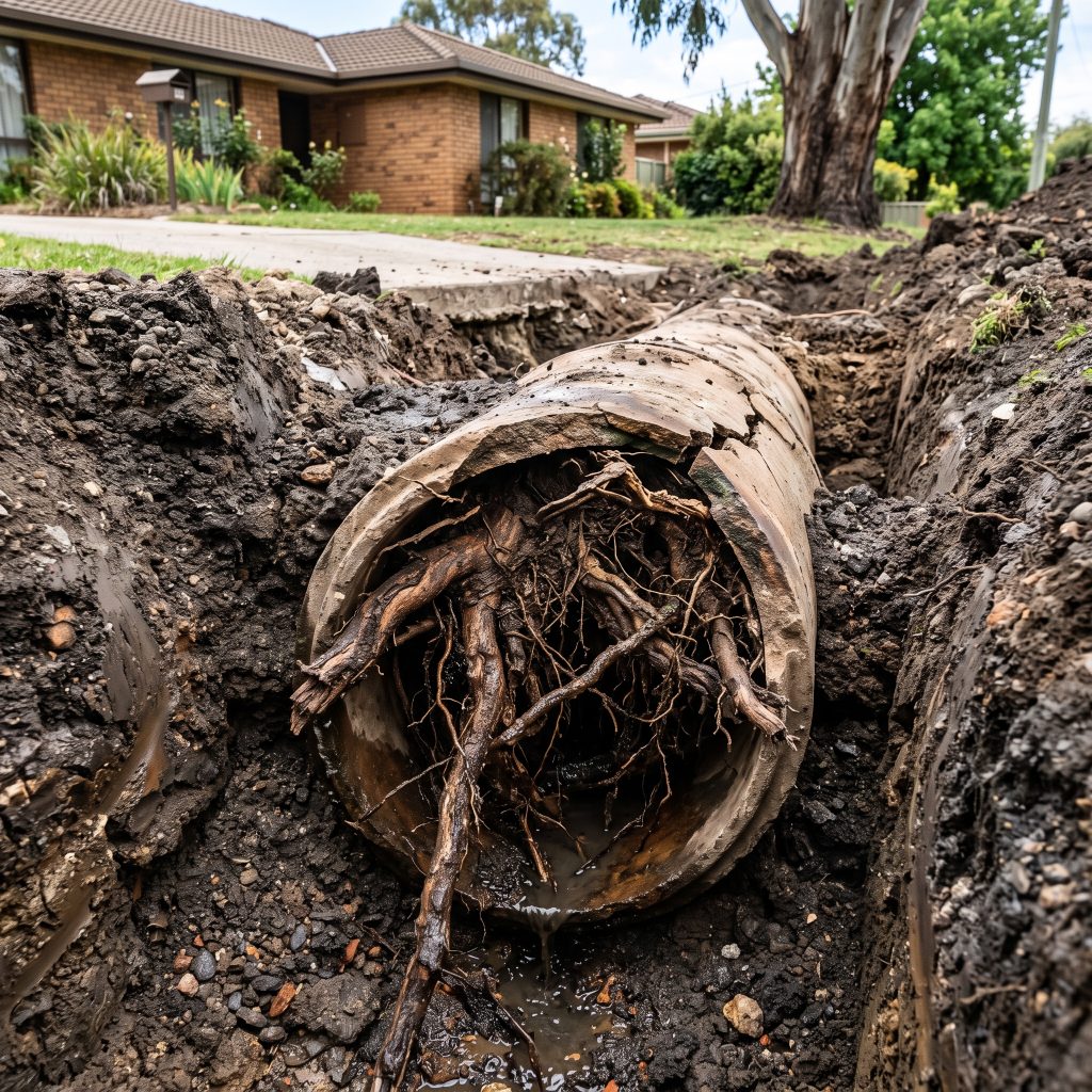 Sewer pipe blocked with tree roots in an excavated trench