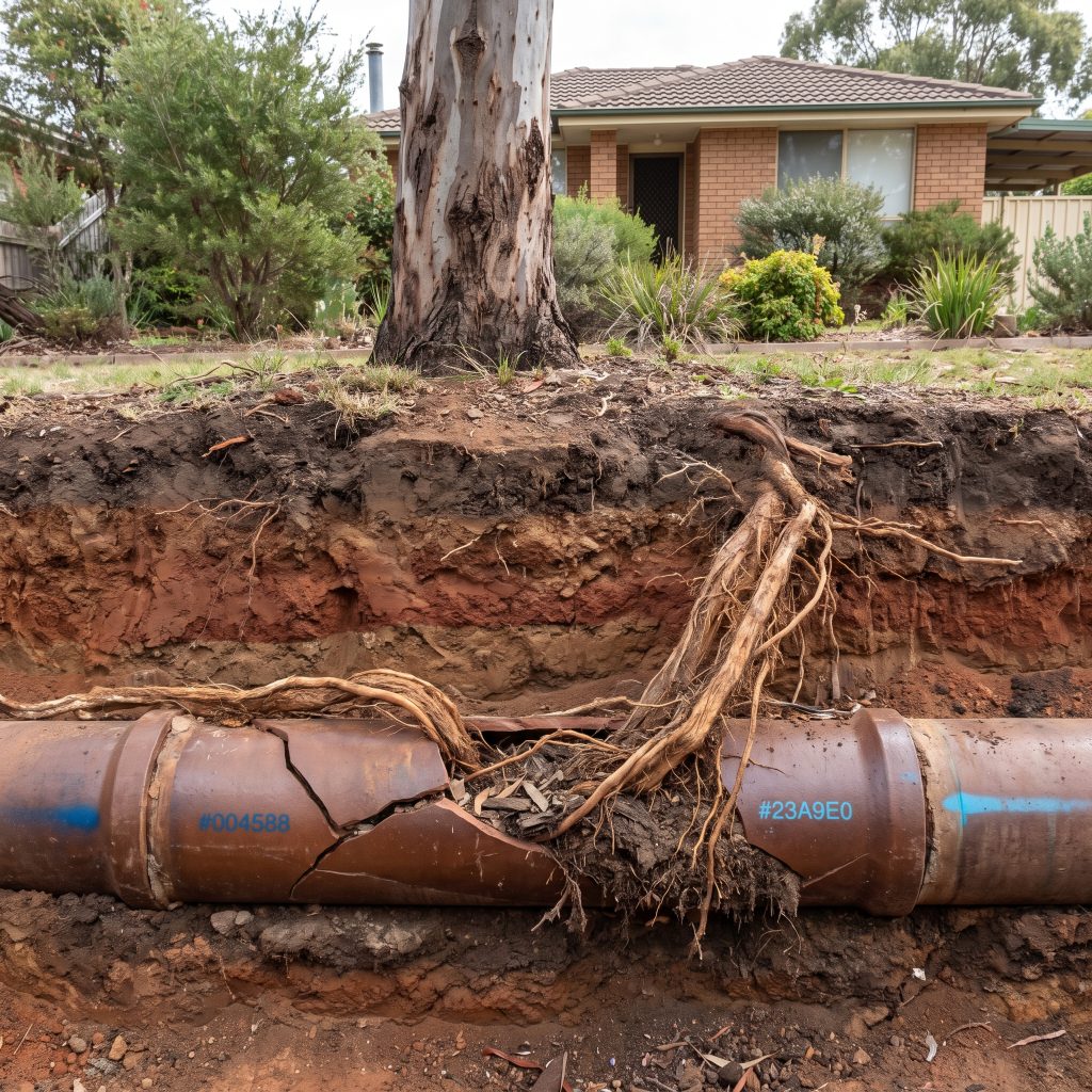 Tree roots wrapped around a cracked underground sewer pipe