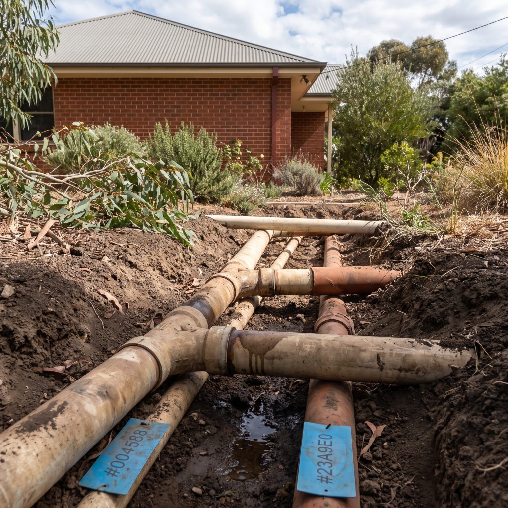 Exposed underground pipes in a trench beside a brick home