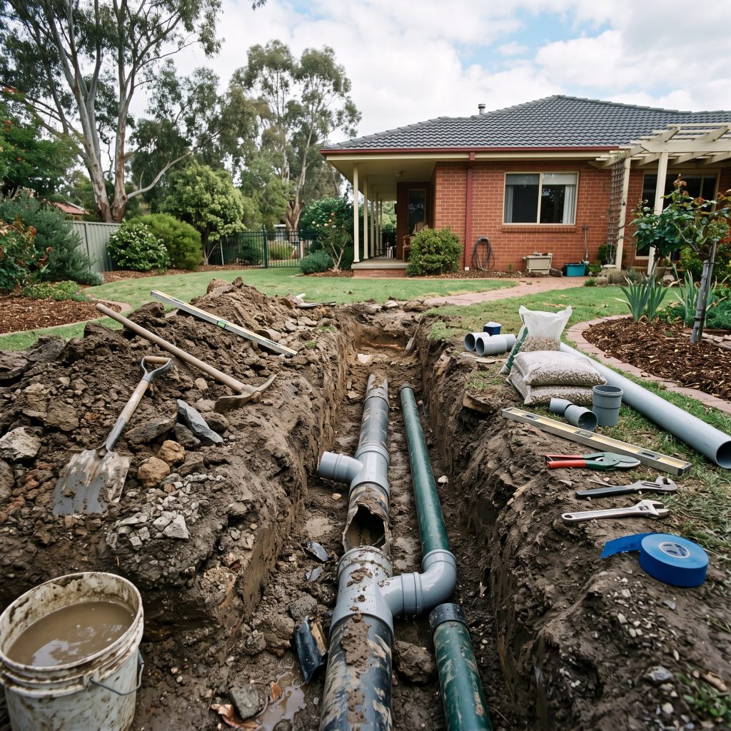 Trench with exposed underground pipes in a backyard