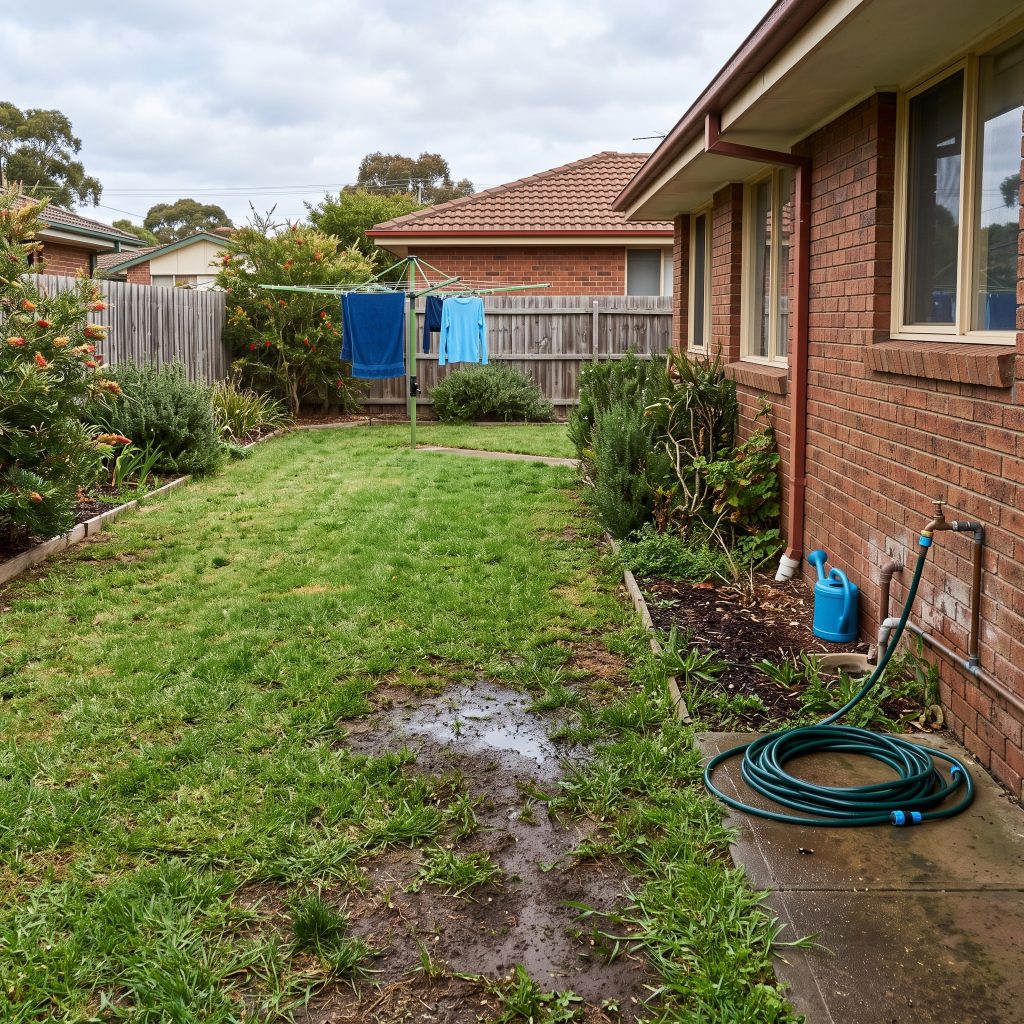 Soggy patch of backyard lawn caused by an underground water leak