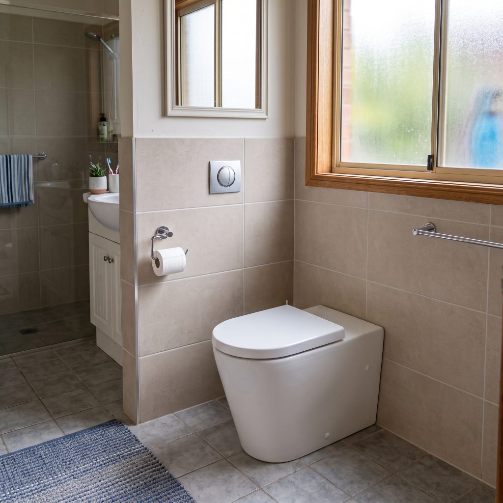 Bathroom with wall-hung toilet and in-wall cistern button