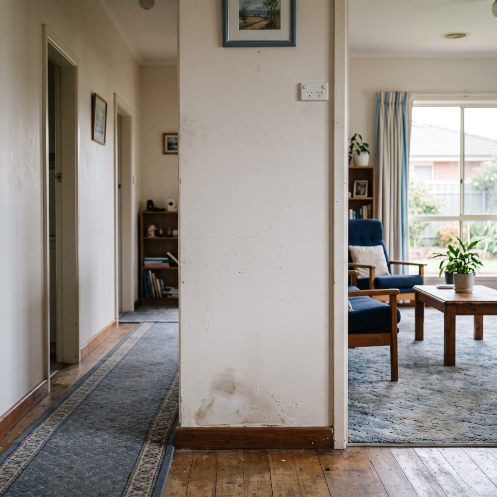 Water damage staining on a hallway wall