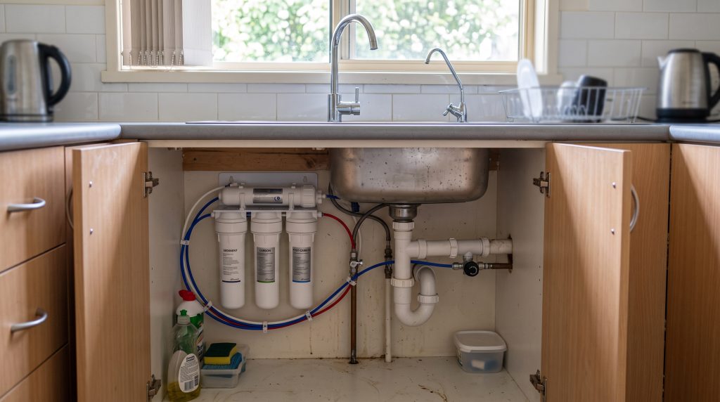 Under-sink water filtration system in a kitchen cupboard