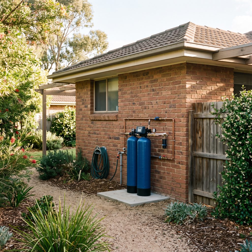 Water filtration unit installed on the outside wall of a brick home
