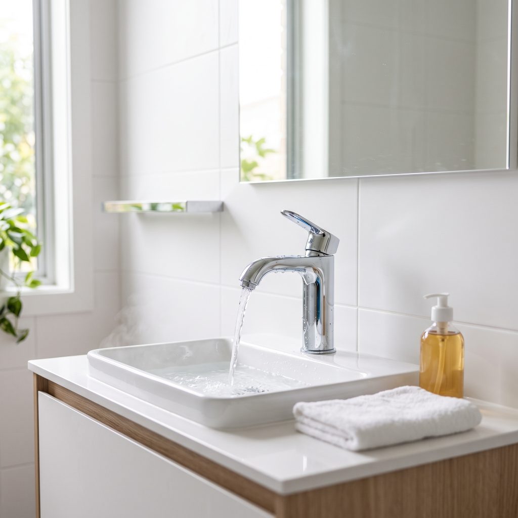 Bathroom vanity basin with chrome mixer tap running
