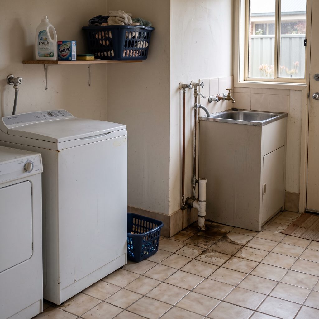 Laundry floor with water pooling around the tub and washing machine