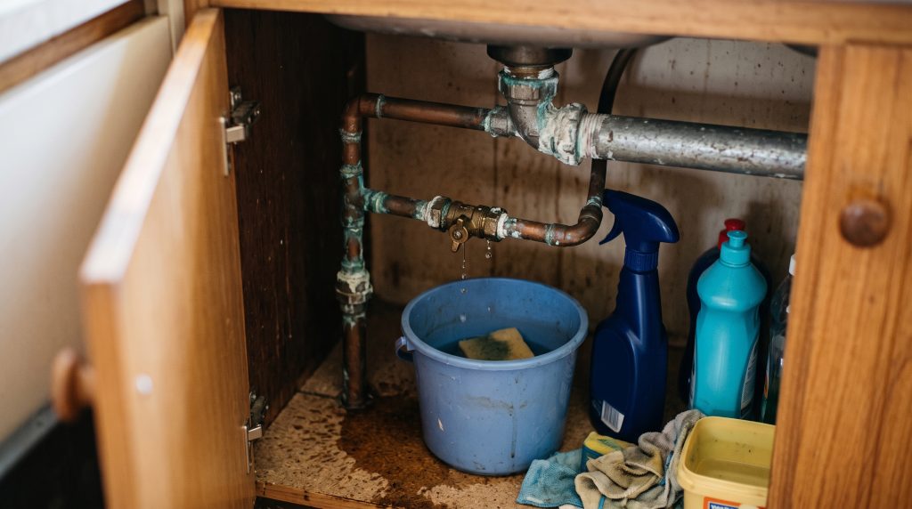 Leaking pipe under a kitchen sink with cleaning products in the cupboard