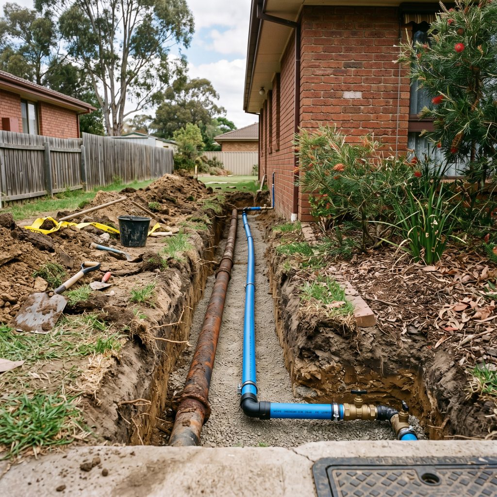 Trench with a new blue water line running beside a home