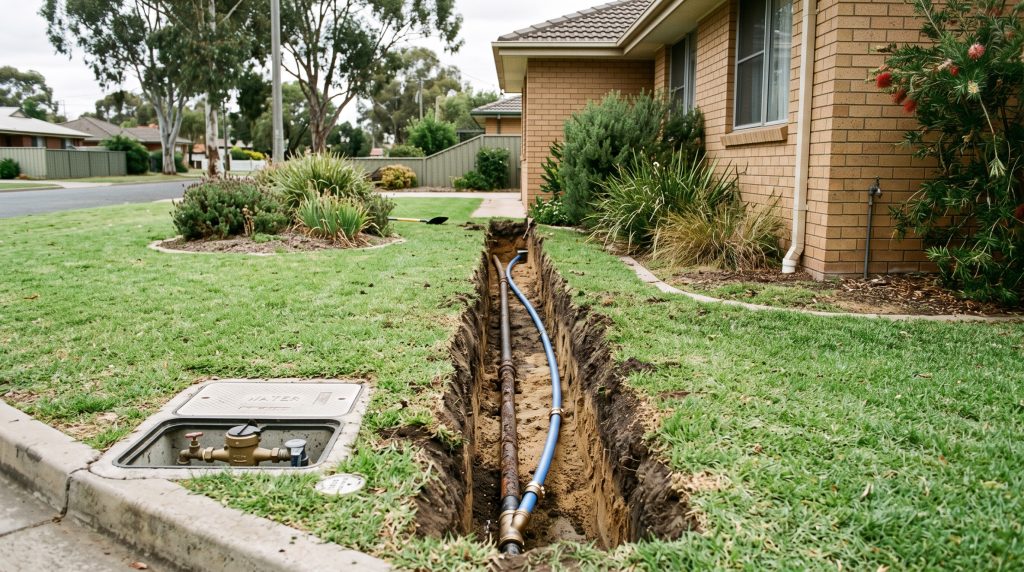 Trench dug across a front lawn for a new water line