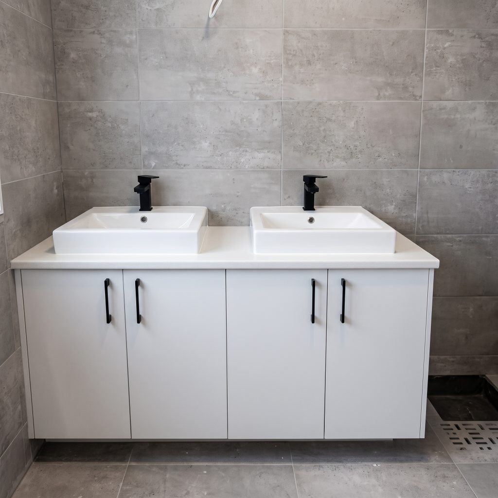 Double-basin white vanity against a grey tiled wall